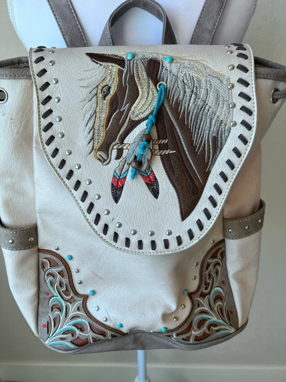 Horse Embroidered Backpack Vegan Leather 6-7 pockets